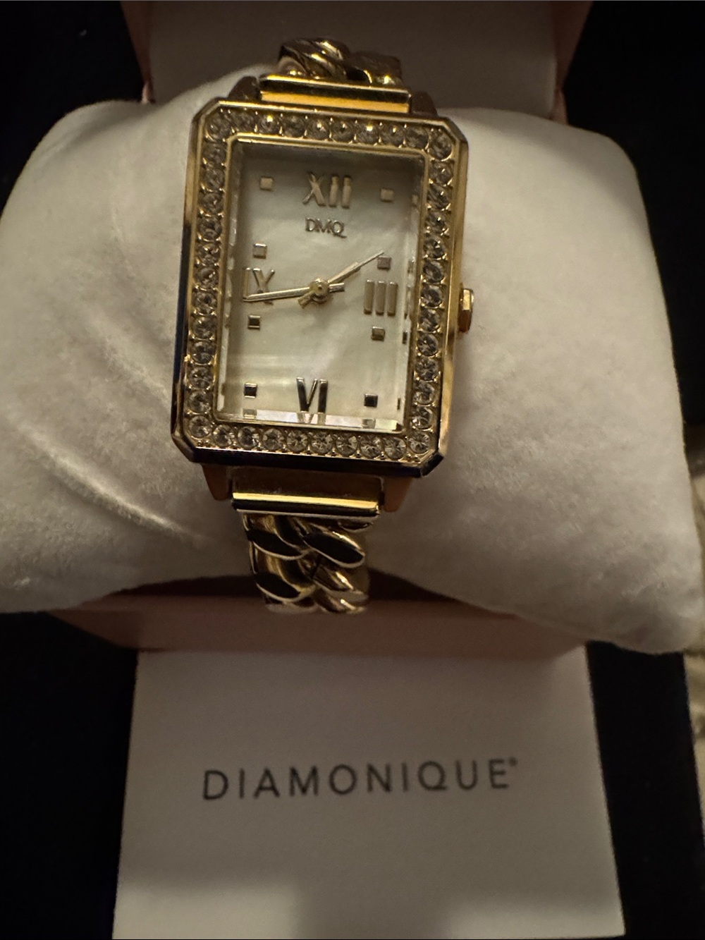 NWT Vintage Diamonique Gold-Tone Women's mother of pearl CZ bracelet Watch Gold